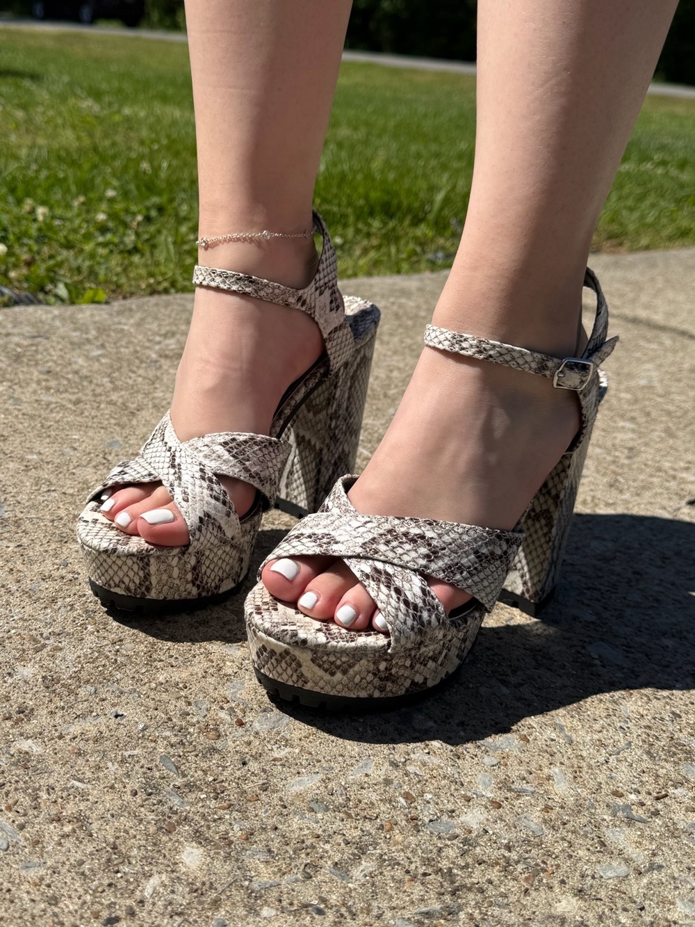 Qupid White Snakeskin Platform Sandals with Ankle Strap